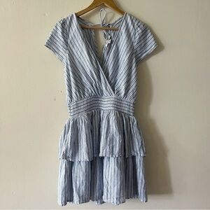 AE Linen Blend V-neck Blue White Pinstripe Tiered Ruffle Mini Dress